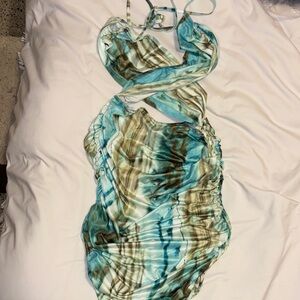 SHEIN Blue and Brown Tie-Dye Midi Dress